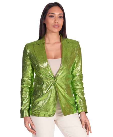 Green laminated lamb leather jacket one button smooth effect