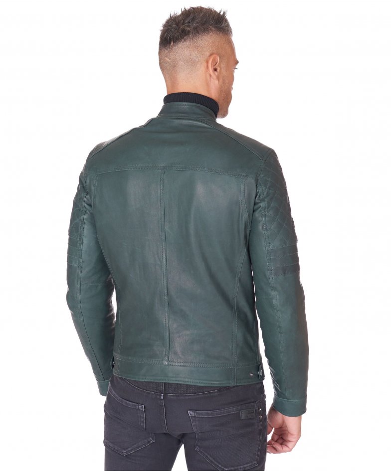 Men's natural Lamb leather biker jacket smooth aspect green Roberto | D ...