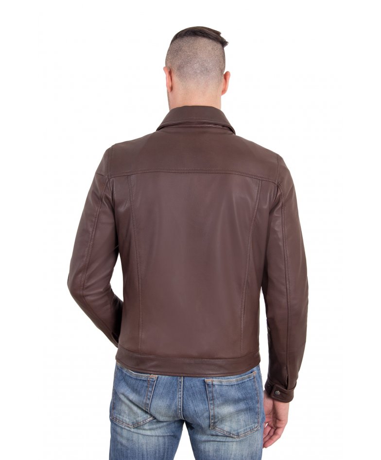 Leo - Dark brown nappa lamb leather classic jacket shirt collar