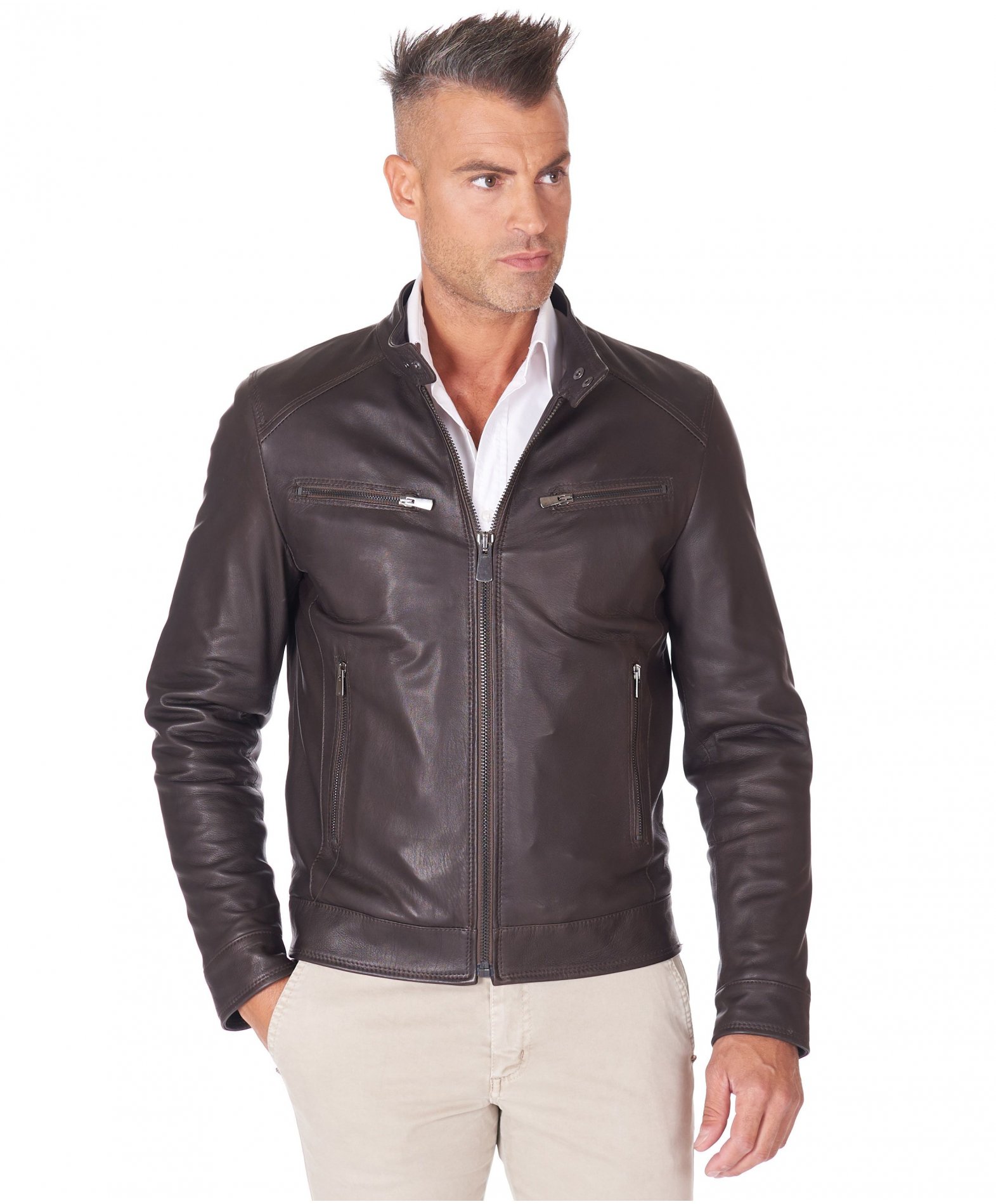 Men's leather Jacket soft leather biker style dark brown Hamilton | D ...