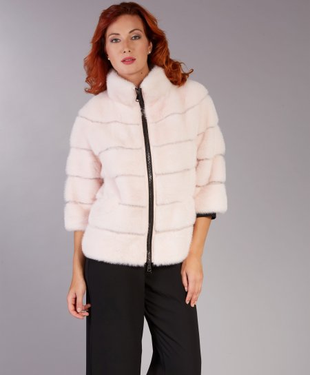 Mink fur jacket high collar and zip closing • pink color