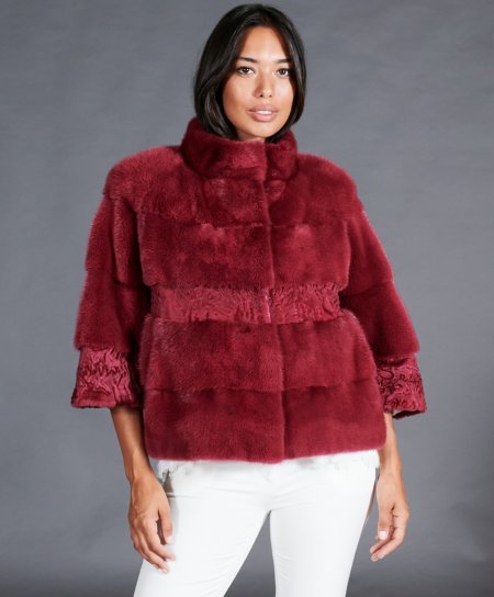 Mink fur jacket with ring collar • carmine color