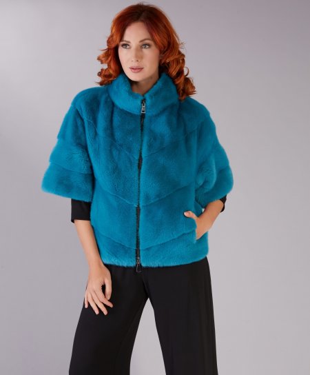 Mink fur jacket ring collar and zip closing • turquoise colour