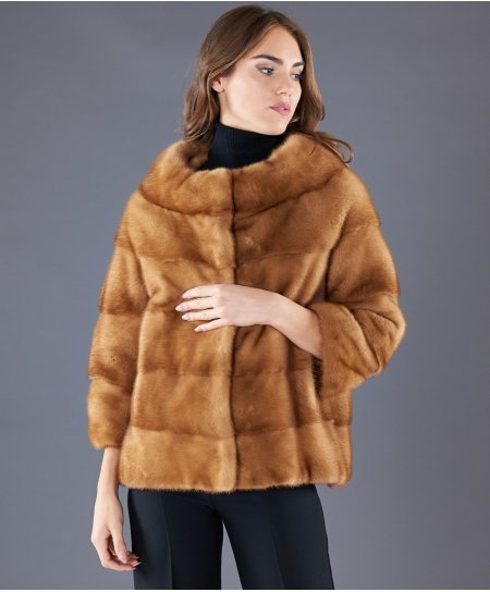 Mink fur jacket sleeve 3/4 round wide collar • honey color