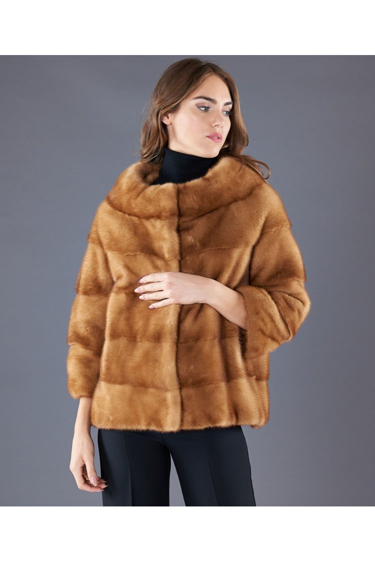 Mink fur jacket sleeve 3/4 round wide collar • honey color