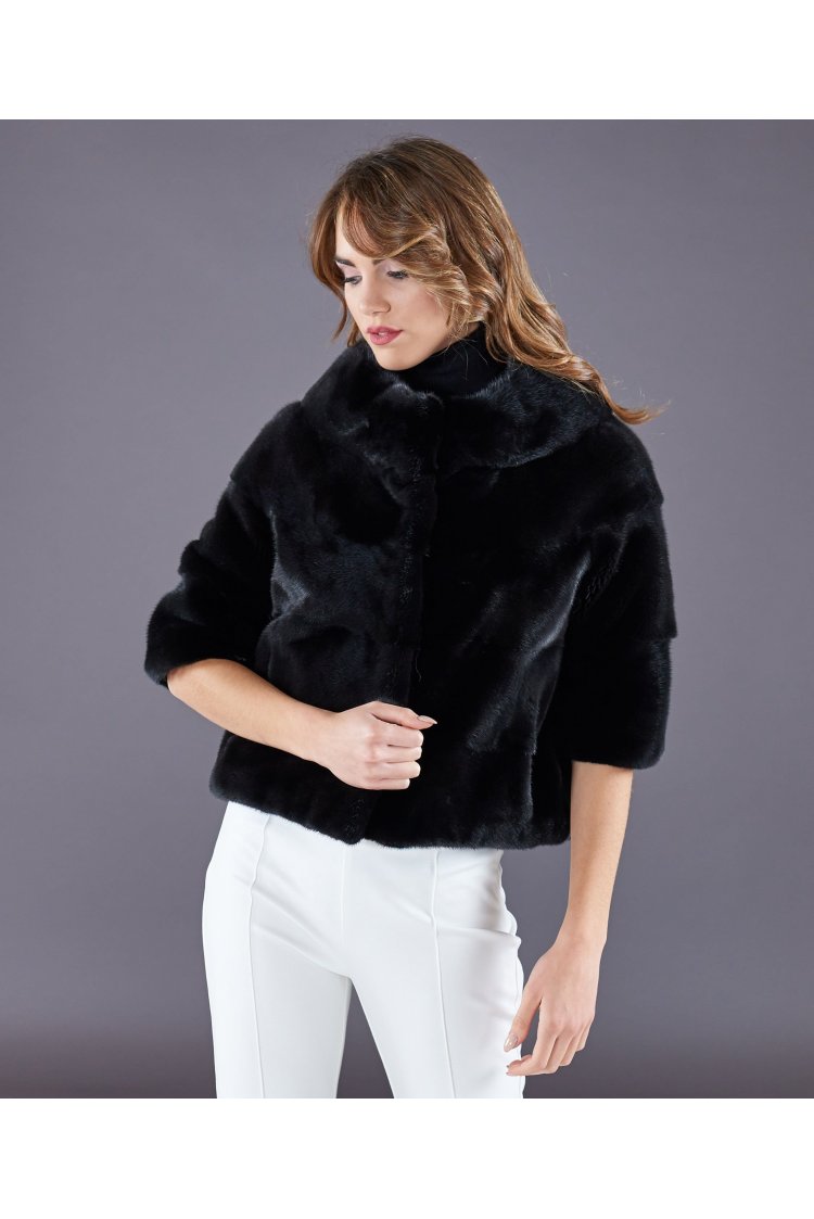 Mink fur jacket wide ring collar • black colour