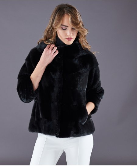 Mink fur jacket wide ring collar • black colour