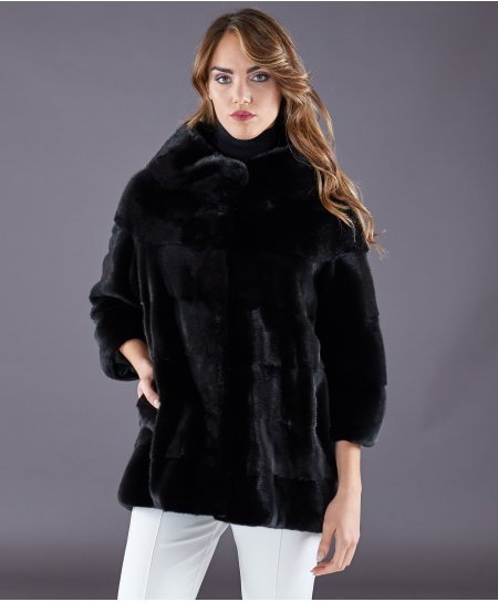Mink fur jacket round collar • black color