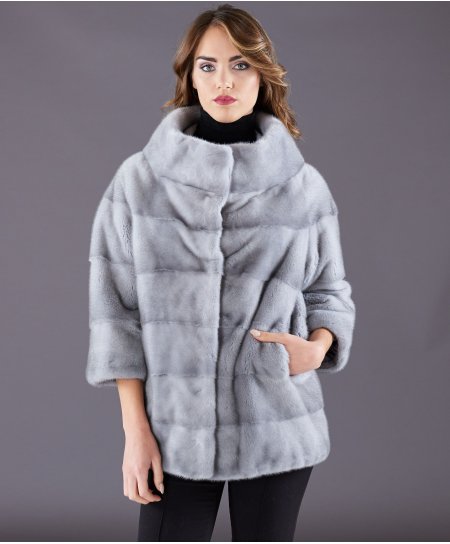 Mink fur jacket round collar • sapphire color