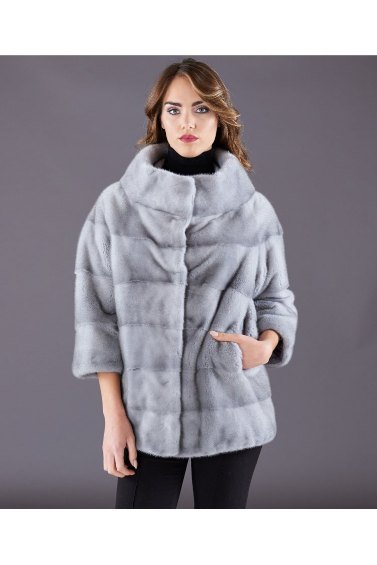 Mink fur jacket round collar • sapphire color