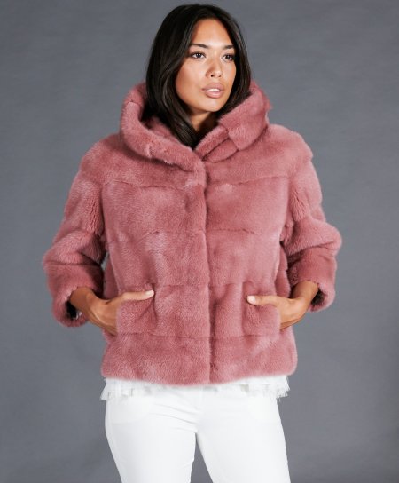 Mink fur jacket with hood • powder pink color