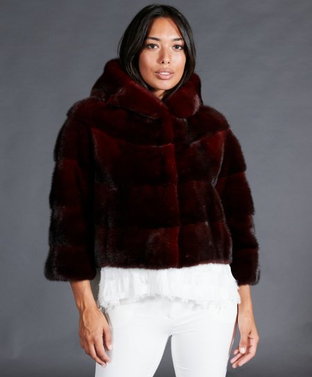 Mink fur jacket with hood • red purple color