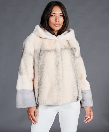 Mink fur jacket with hood • multicolor