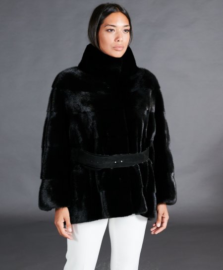 Mink fur belted jacket with long sleeve • black color