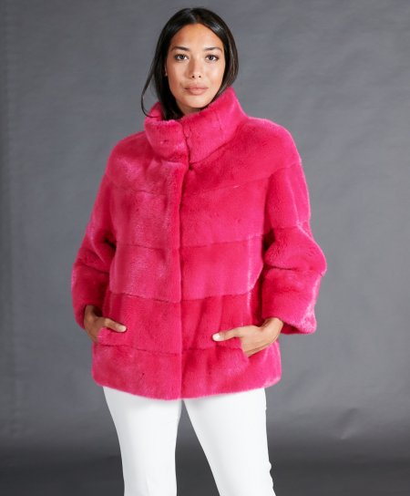 Mink fur jacket sleeve 3/4 • fuchsia color