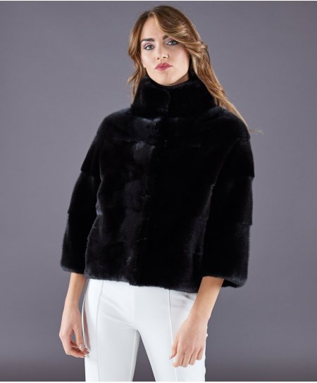 Mink fur jacket sleeve 3/4 • black colour