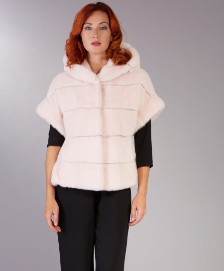 Mink fur jacket short sleeve and hood • pale pink color