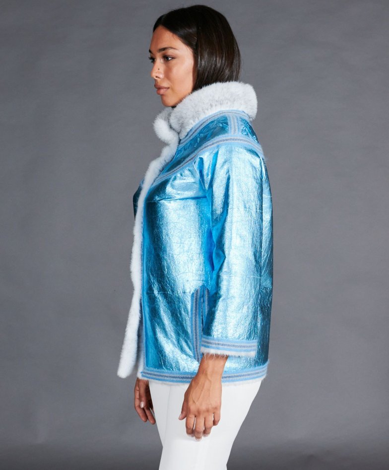 Mink fur jacket reversible in laminated leather • light blue color