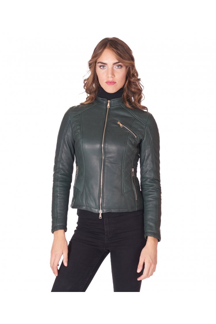 Green quilted lamb leather biker jacket with zipper pockets