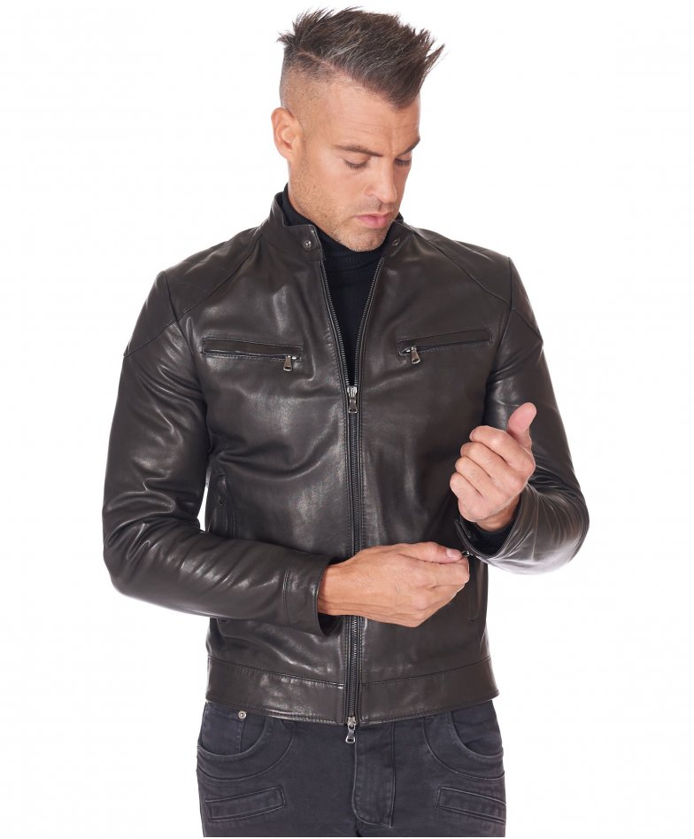 Men's Leather Jacket genuine soft leather biker mao collar quilted yoke ...