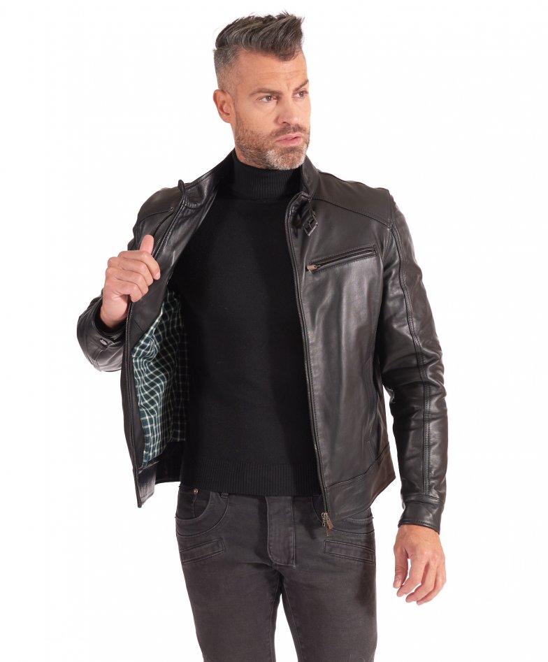 Men's Leather Jacket biker style buckle at collar black colour Max |  D'Arienzo
