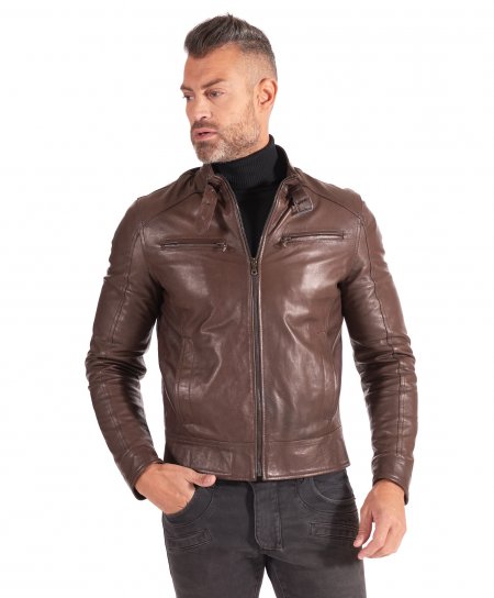 Dark brown nappa lamb leather biker jacket buckle collar