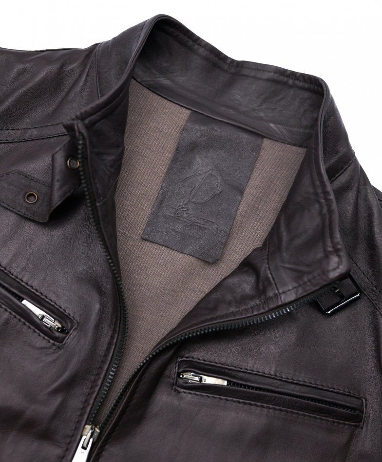 Men's Leather Jacket leather biker buckle collar dark brown colour 