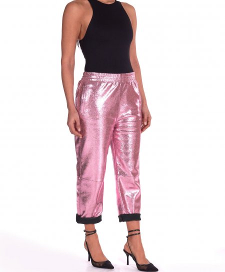 Pink laminated lamb leather joggers unlined pant