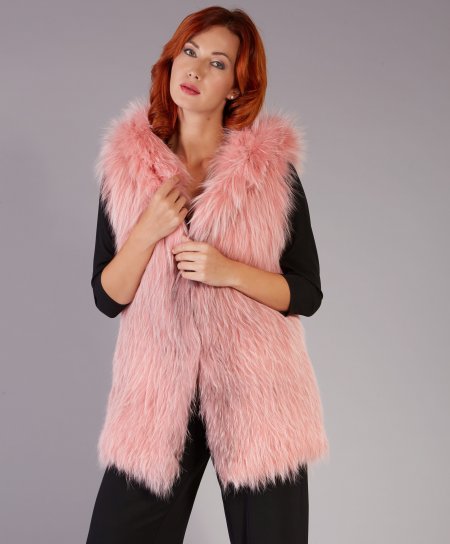Sleeveless fox fur jacket with hood and clip closing • pink colour