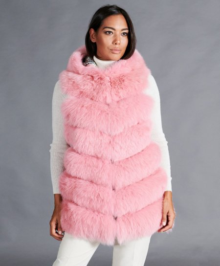 Sleeveless fox fur jacket with hood and clips • pink color