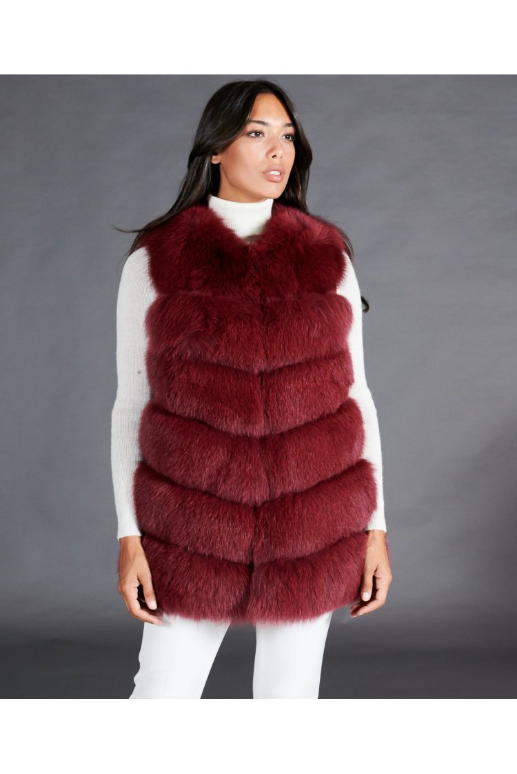 Sleeveless fox fur jacket V collar • bordeaux color