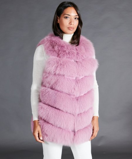 Sleeveless fox fur jacket V collar • lilac color