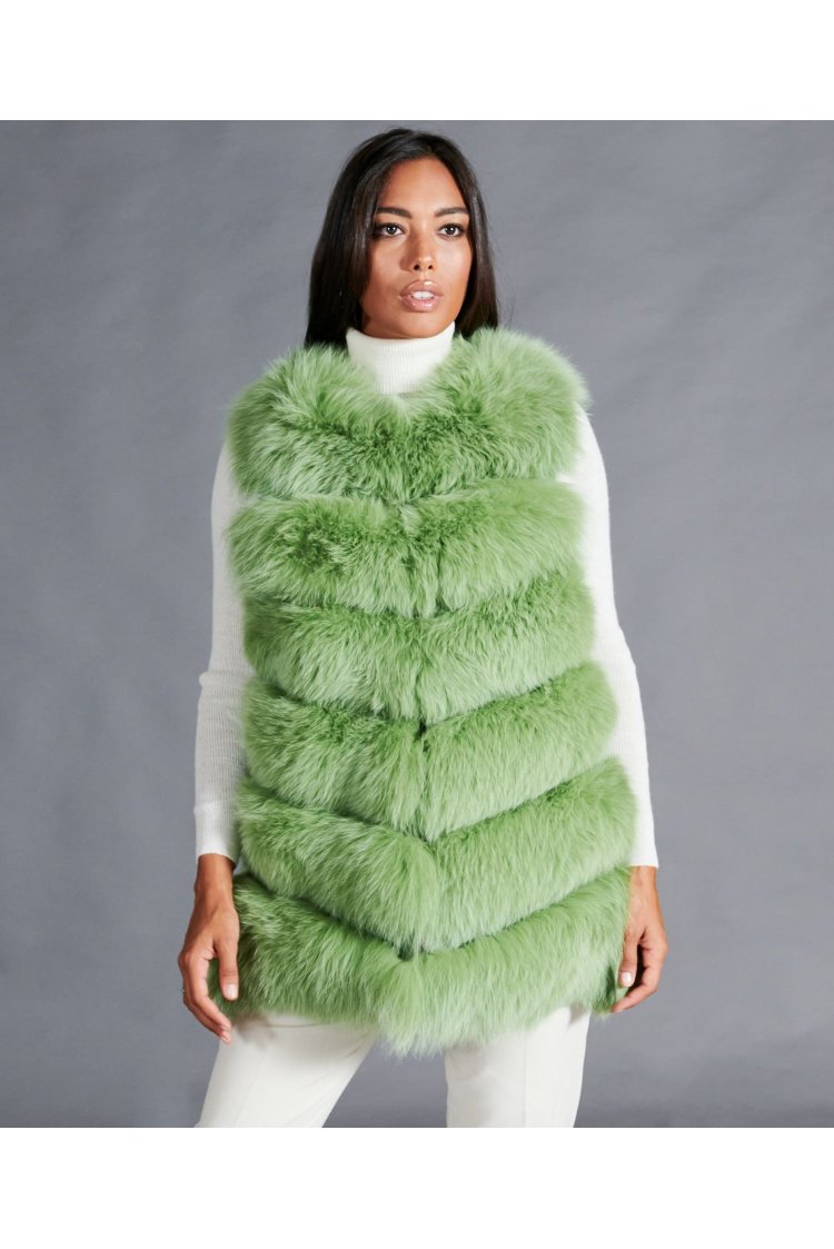 Sleeveless fox fur jacket V collar • green color