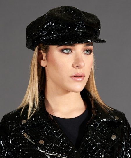 Black women's leather Hat Cap croco aspect Visor Beret Hat