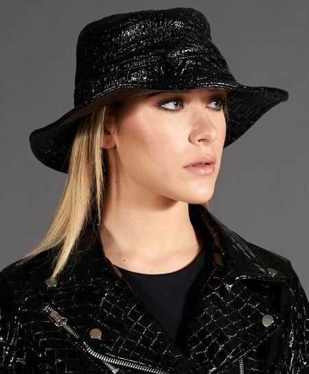 Black women's laminated leather hat cap Bucket Hat style