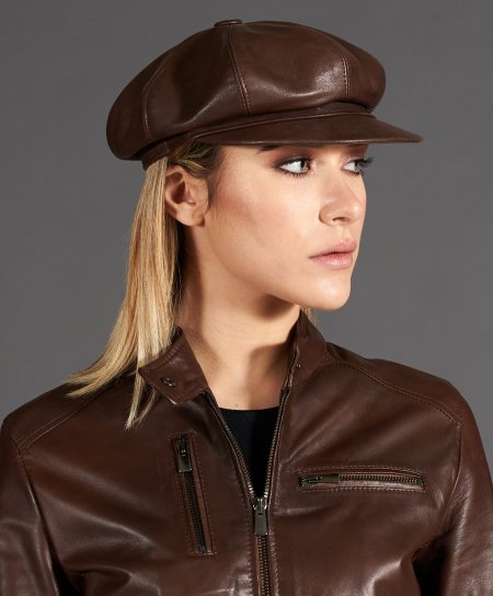Dark brown women's leather Hat Cap Newsboy Visor Beret Hat