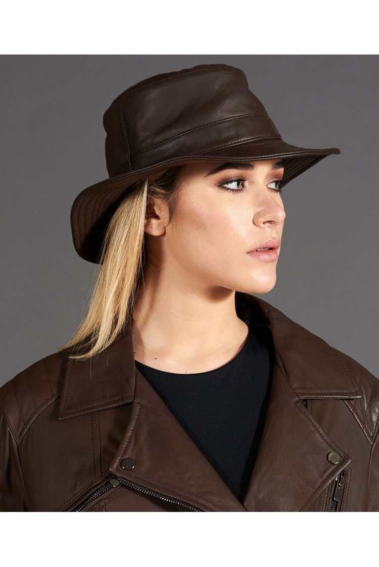 Dark brown women's leather hat cap Bucket Hat style