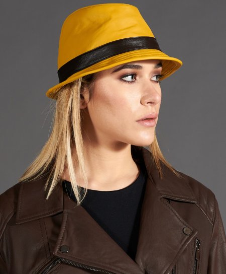 Yellow men's leather trilby Hat borsalino style top cap 