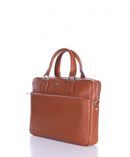 Tan 24h Briefcase in Saffiano calf leather with zip pocket