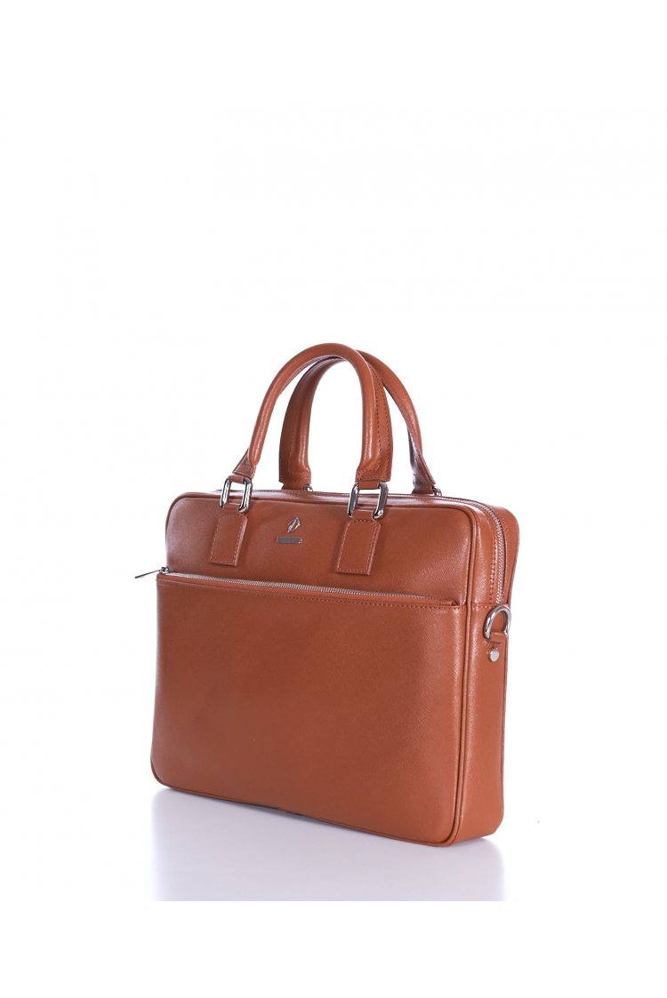 Tan 24h Briefcase in Saffiano calf leather with zip pocket