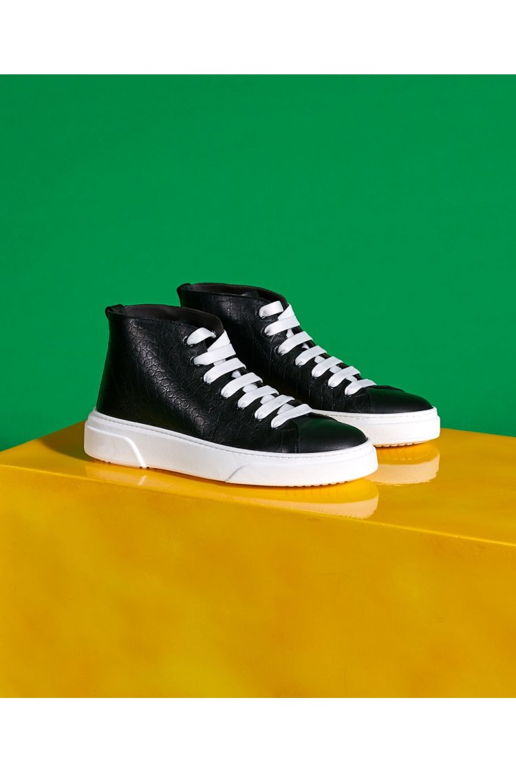  Men's black leather high-top sneakers croco print