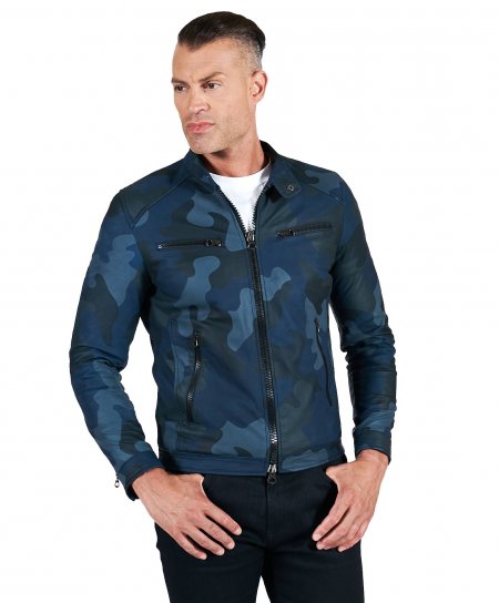 Military blue lamb leather biker jacket four zipper pockets