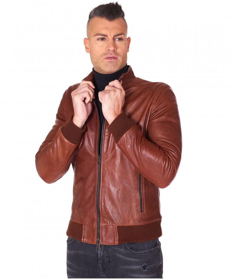106 - Tan pull up lamb leather bomber jacket vintage aspect