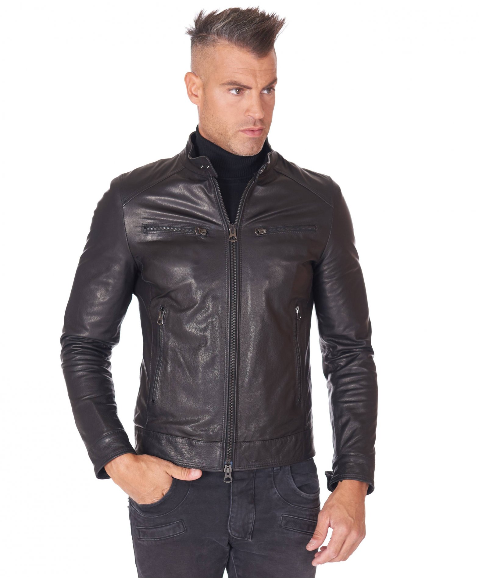Man leather biker Jacket goat wrinkled leather black color Hamilton | D ...