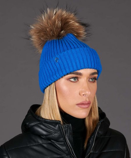 Bluette beanie hat with natural fur pompom