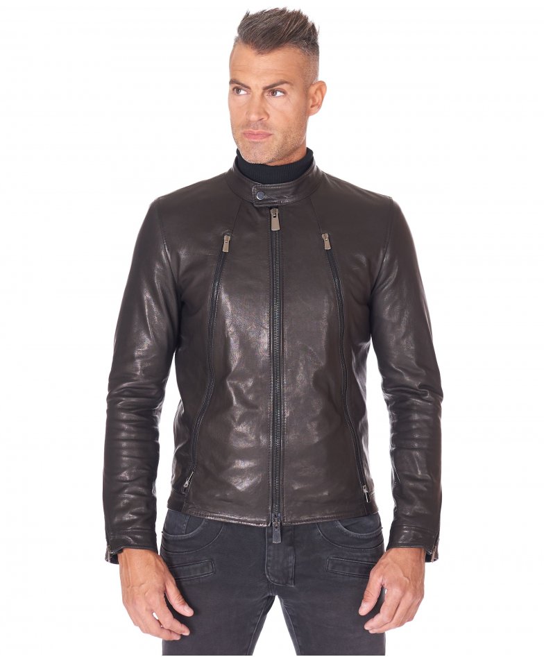 Natural Biker Leather Jacket two pockets smooth aspect black Adriano ...