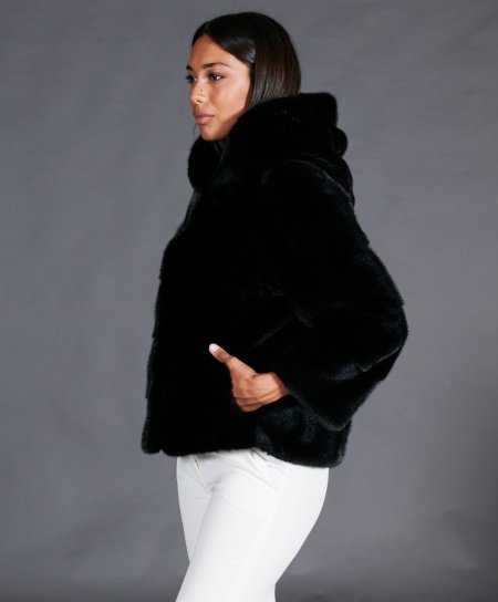Mink fur jacket with hood and sleeve 3/4 • black color