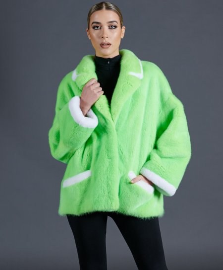 Mink fur jacket with white profiles • green fluo color