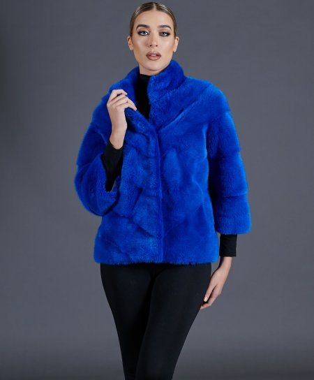 Mink fur jacket sleeve 3/4 ring collar • electric blue color
