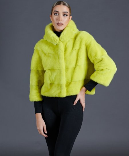 Mink fur hooded jacket with sleeve 3/4 • yellow color